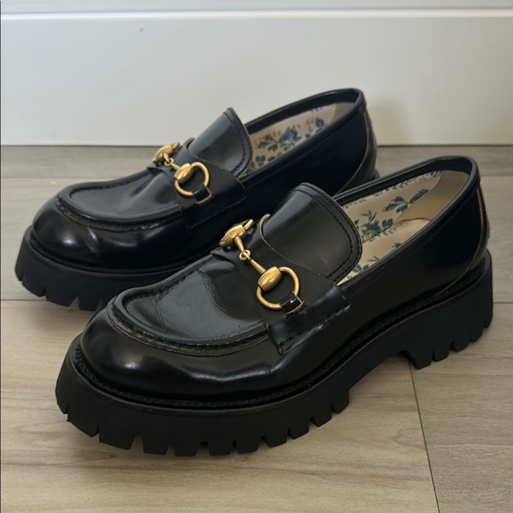 Gucci Black and Gold Chunky Loafers with Horsebit Detail